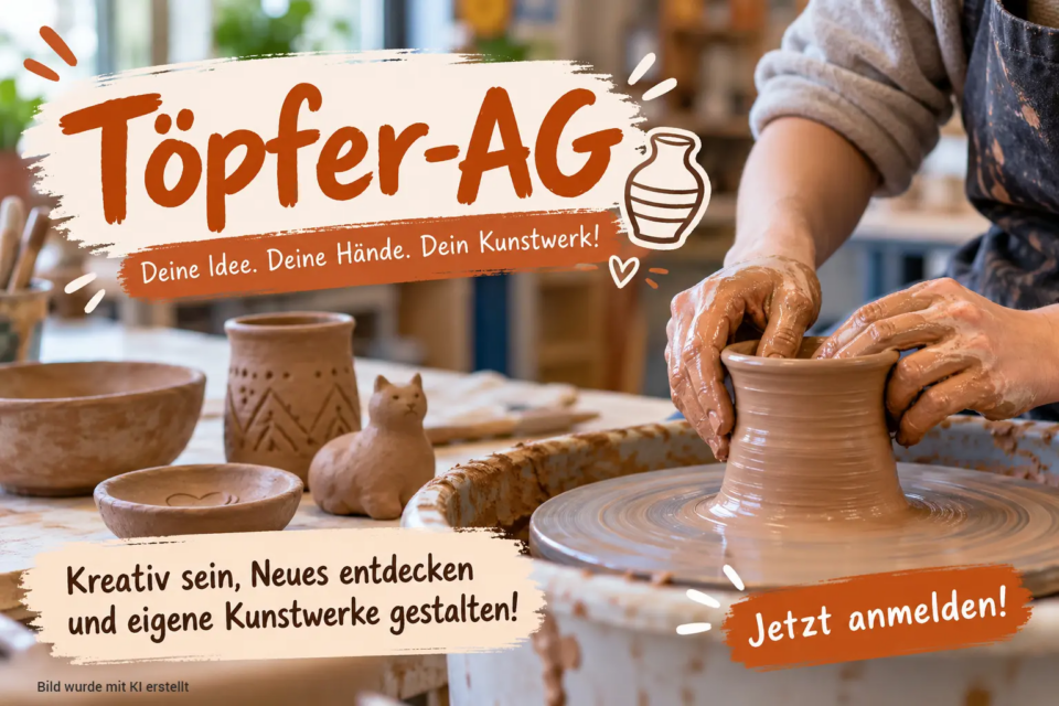 KI-generiertes Beitragsbild zur Töpfer-AG der Regelschule Schmalkalden. Zu sehen sind Hände beim Formen eines Tongefäßes an einer Töpferscheibe sowie selbst gestaltete Keramikstücke. Das Bild lädt Schülerinnen und Schüler zum kreativen Mitmachen ein.