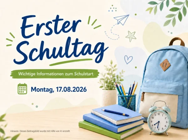 Beitragsgrafik zum ersten Schultag an der Regelschule Schmalkalden am Montag, 17. August 2026, mit Schulranzen, Büchern, Stiften und Wecker.